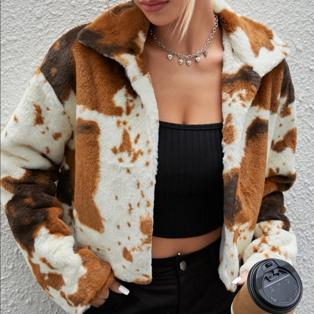 Cow Pattern Drop Shoulder Faux Fur Coat